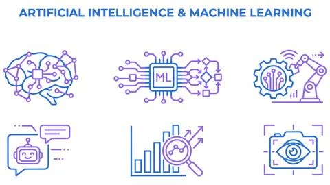Artificial intelligence and machine learning technical development icon set Stock-Illustration