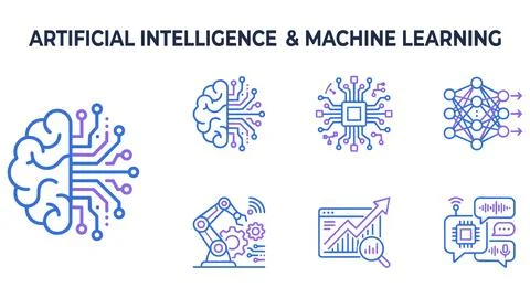 Artificial intelligence and machine learning technology concept icon set Stock Illustration