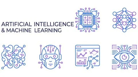 Artificial intelligence and machine learning technology line icons with lea.. Stock-Illustration