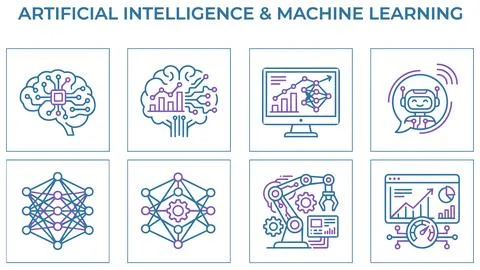 Artificial intelligence and machine learning technology line icon set Stock Illustration