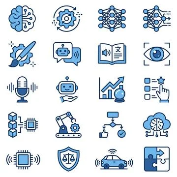 Artificial intelligence and machine learning technology icons with intelligen Stock Illustration