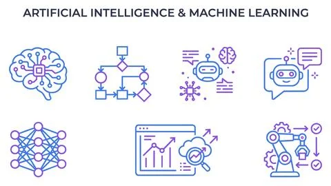 Artificial intelligence and machine learning workflow technology icon set Stock Illustration