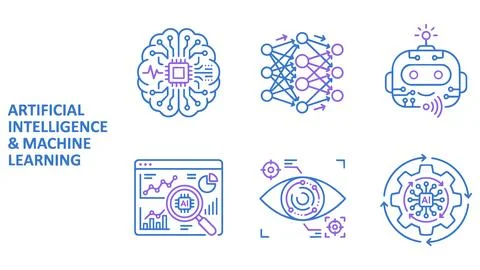 Artificial intelligence and machine learning technology line art icon set Stock Illustration
