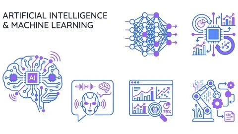 Artificial intelligence and machine learning conceptual technology icons Stock Illustration
