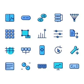 Artificial intelligence and machine learning icon set of 20 outline icons with Stock Illustration