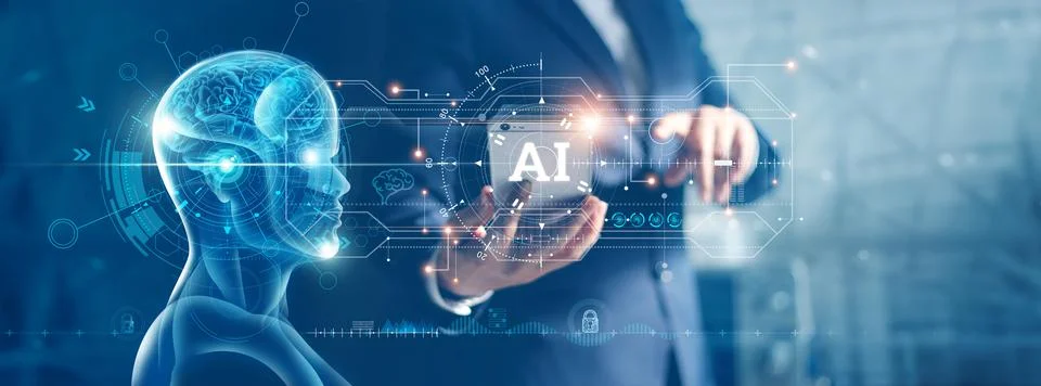 Artificial Intelligence and machine learning, AI, Businessman use data of robot 스톡 사진