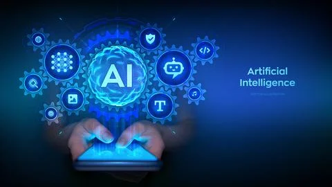 Artificial Intelligence and mobile technology concept. Using AI on smartphone Stock Illustration
