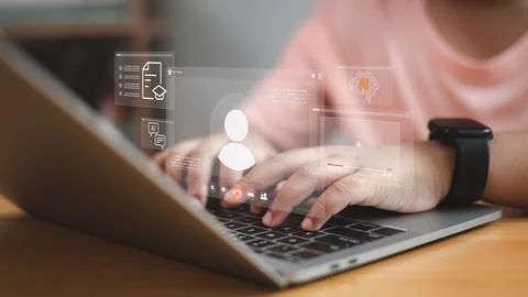Artificial Intelligence and Online Learning Concept with Laptop and Virtual.. Stock Photos