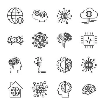 Artificial intelligence and robot related vector icon set. It contains icons  Stock Illustration