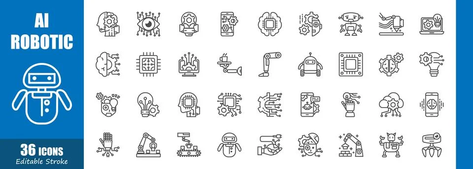 Artificial intelligence and Robotics . Technology outline icon collection ... Stock Illustration