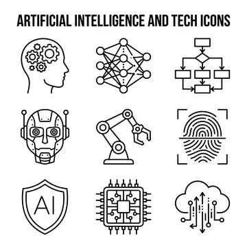 Artificial intelligence and technology icons set including human head with .. Stock Illustration