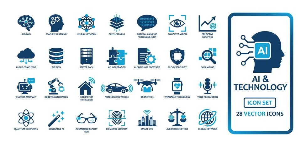 Artificial intelligence and technology solid icon set containing icons for .. 스톡 일러스트