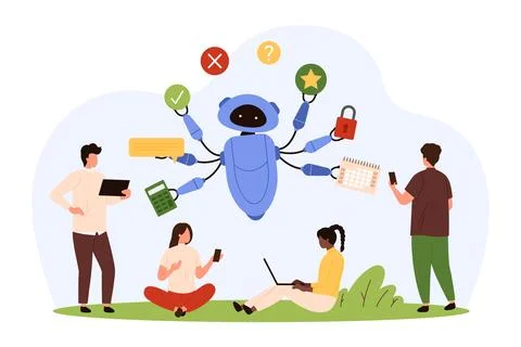 Artificial intelligence and tiny people work on business achievement with Stock Illustration