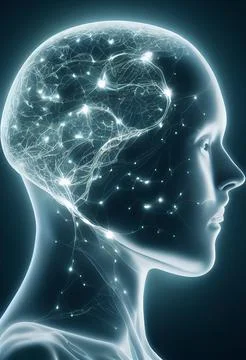 Artificial intelligence and virtual reality concept with human head silhouett Stock Illustration