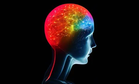 Artificial intelligence and virtual reality concept with human head silhouett Stock Illustration