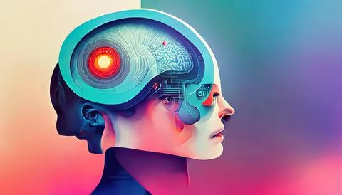Artificial Intelligence Android with Brain Labyrinth Concept Art Stock Illustration