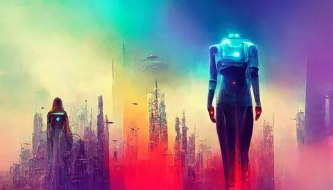 Artificial Intelligence Android with Colorful Glowing Futuristic City Stock Illustration