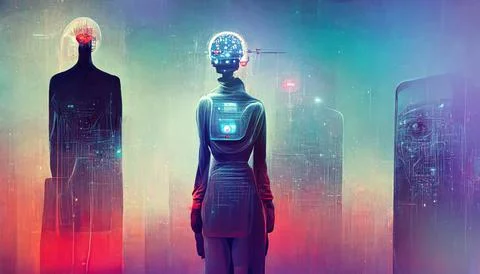Artificial Intelligence Android with Colorful Glowing Lights Stock Illustration