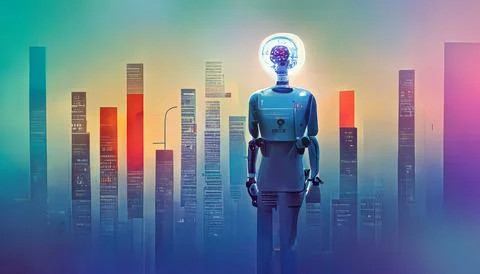Artificial Intelligence Android with Colorful Glowing Holograms Futuristic City Stock Illustration