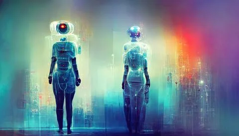 Artificial Intelligence Android with Colorful Glowing Holograms Stock Illustration