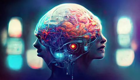 Artificial Intelligence Android with Disturbing Organic Brain Stock Illustration