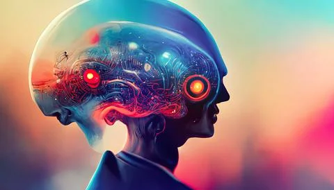 Artificial Intelligence Android with Giant Brain and Glowing Hologram Lights Stock Illustration