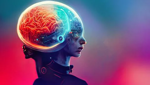 Artificial Intelligence Android with Glowing Brain Stock Illustration