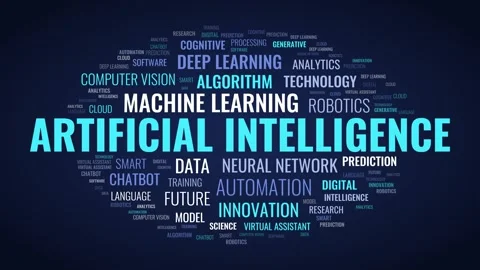 Artificial Intelligence animated word cloud with bouncy pop in keywords like Vídeo Stock 348267258