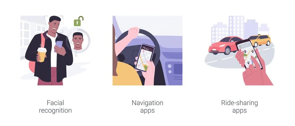 Artificial Intelligence applications isolated cartoon vector illustrations set. Stock Illustration