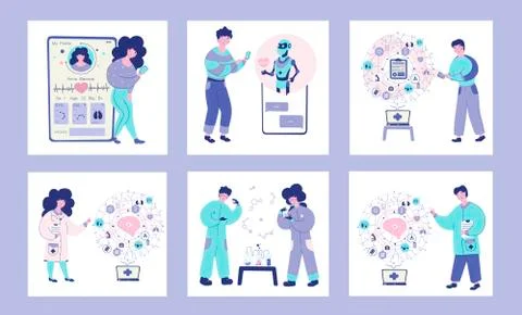 Artificial intelligence applications, vector illustrations set in flat style. Stock Illustration