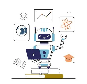 Artificial intelligence apps. Bot with laptop. AI and machine learning. Virtual Illustrazione stock