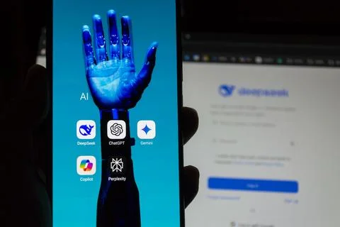 Artificial Intelligence apps, DeepSeek, ChatGPT, Gemini, Copilot, Perplexity Stock Photos