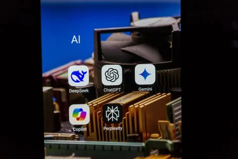 Artificial Intelligence apps, DeepSeek, ChatGPT, Gemini, Copilot, Perplexity Stock Photos