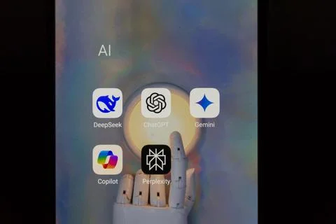 Artificial Intelligence apps, DeepSeek, ChatGPT, Gemini, Copilot, Perplexity Stockfoto's