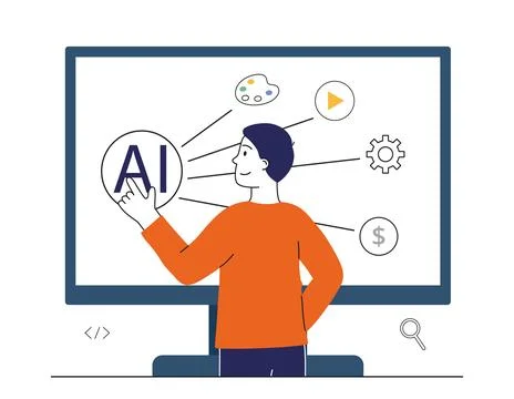 Artificial intelligence apps. Man with ai at computer. Virtual helper and Stock Illustration