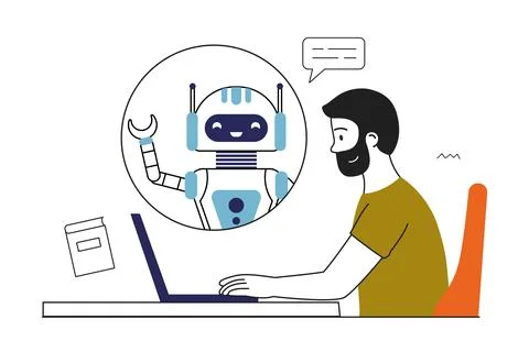 Artificial intelligence apps. Man with laptop work with chat bot. Virtual helper Stock Illustration