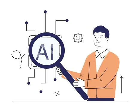 Artificial intelligence apps. Man with loupe look ai. Virtual helper and Stock Illustration