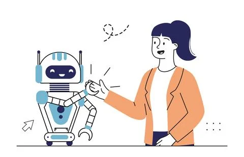 Artificial intelligence apps. Woman work with robot. Virtual helper and Stock Illustration