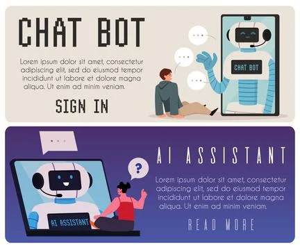 Artificial intelligence assistant and chat bot service landing pages vector set 스톡 일러스트