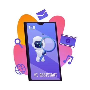 Artificial intelligence assistant, chat bot with magnifying glass vector flat Stock Illustration
