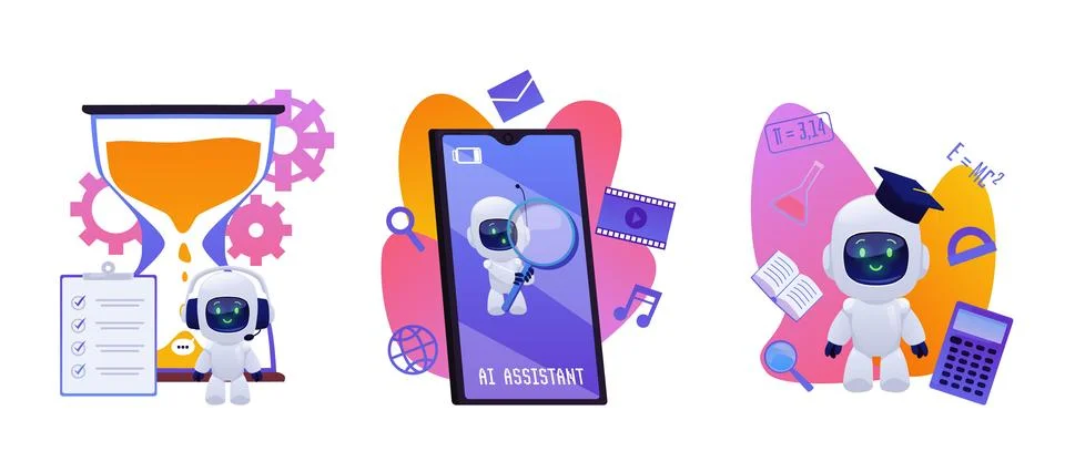 Artificial intelligence assistant, chat bot technologies vector set, AI Stock Illustration