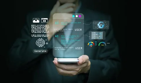 Artificial intelligence assistant helping user generate reports and manage .. Stock Photos