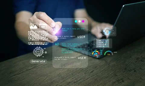 Artificial intelligence assistant helping user generate reports on laptop. .. 库存照片