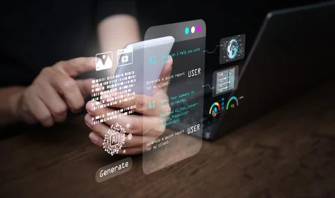 Artificial intelligence assistant interface connecting smartphone and lapto.. 写真素材