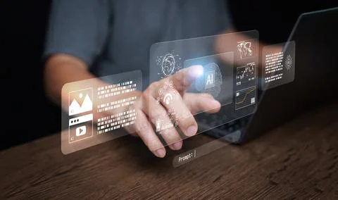 Artificial intelligence assistant interface on laptop with touch prompt and.. Stock Photos