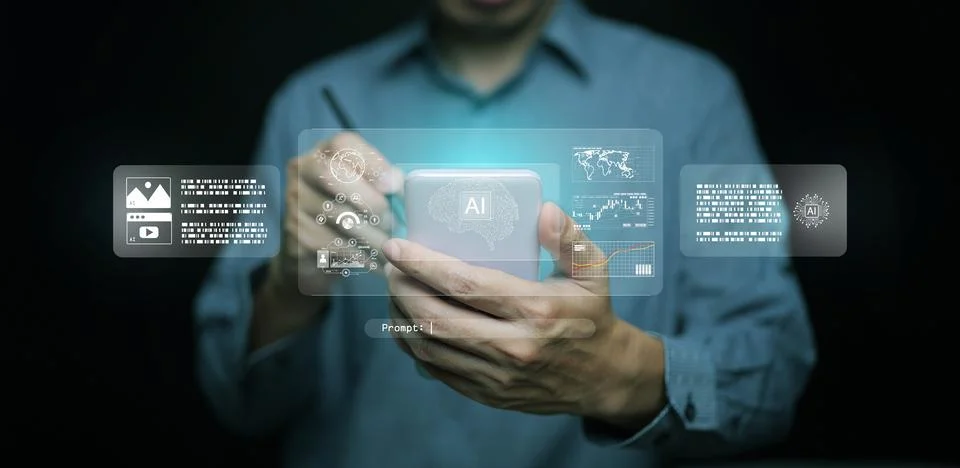 Artificial intelligence assistant interface on smartphone with data visuali.. Foto stock