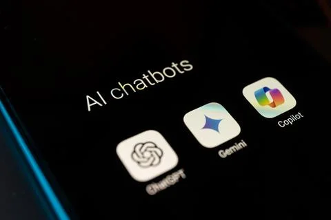 Artificial intelligence assistant language models on smartphone screen. ChatGPT Stock Photos