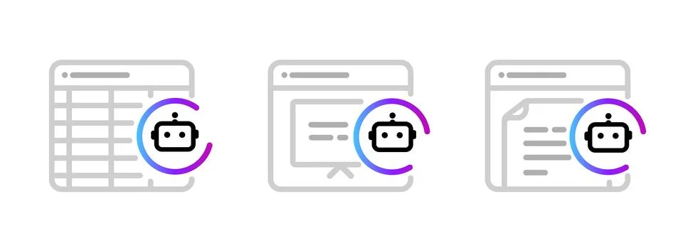 Artificial intelligence assistant in office software applications icons set Illustrazione stock