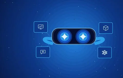 Artificial intelligence assistant robot face with glowing star eyes surrounded Illustrazione stock