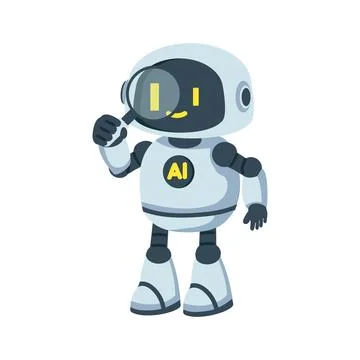 Artificial intelligence assistant robot with magnifying glass Illustrazione stock